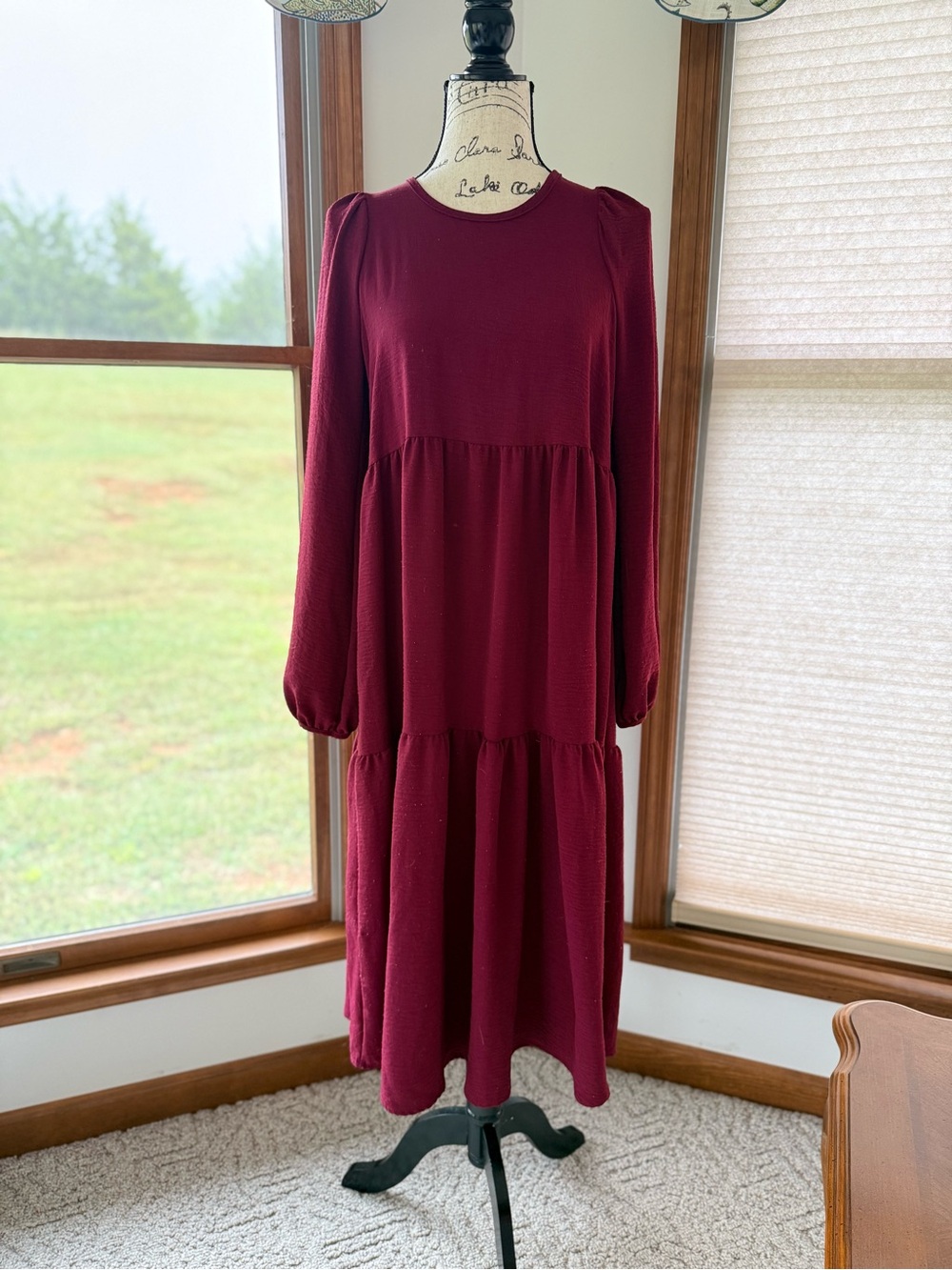 Deep Burgundy Red Tiered Dress With Small Puff Long Sleeve Christmas Dress